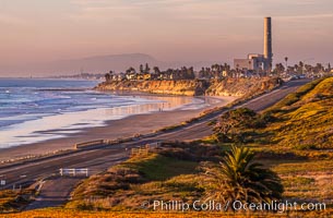 Carlsbad Coast Highway Sunset, Terramar and North Ponto to Oceanside with Camp Pendleton in the distance. Rising in the distance is San Onofre Mountain (1722') topped by a tall signal tower, one of the southern peaks in the Santa Ana Mountains