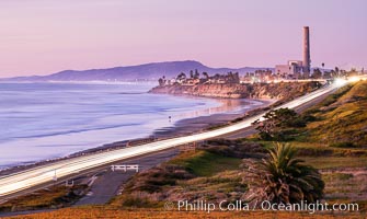 Carlsbad Coast Highway Sunset, North Ponto to Oceanside with Camp Pendleton in the distance. Rising in the distance is San Onofre Mountain (1722') topped by a tall signal tower, one of the southern peaks in the Santa Ana Mountains