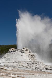 Castle Geyser erupts, reaching 60 to 90 feet in height and lasting 20 minutes.  While Castle Geyser has a 12 foot sinter cone that took 5,000 to 15,000 years to form, it is in fact situated atop geyserite terraces that themselves may have taken 200,000 years to form, making it likely the oldest active geyser in the park. Upper Geyser Basin, Yellowstone National Park, Wyoming