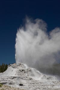 Castle Geyser erupts, reaching 60 to 90 feet in height and lasting 20 minutes.  While Castle Geyser has a 12 foot sinter cone that took 5,000 to 15,000 years to form, it is in fact situated atop geyserite terraces that themselves may have taken 200,000 years to form, making it likely the oldest active geyser in the park. Upper Geyser Basin, Yellowstone National Park, Wyoming