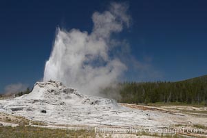 Castle Geyser erupts, reaching 60 to 90 feet in height and lasting 20 minutes.  While Castle Geyser has a 12 foot sinter cone that took 5,000 to 15,000 years to form, it is in fact situated atop geyserite terraces that themselves may have taken 200,000 years to form, making it likely the oldest active geyser in the park. Upper Geyser Basin, Yellowstone National Park, Wyoming