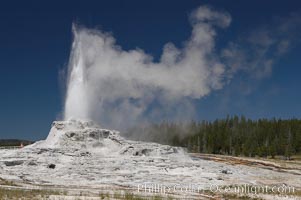 Castle Geyser erupts, reaching 60 to 90 feet in height and lasting 20 minutes.  While Castle Geyser has a 12 foot sinter cone that took 5,000 to 15,000 years to form, it is in fact situated atop geyserite terraces that themselves may have taken 200,000 years to form, making it likely the oldest active geyser in the park. Upper Geyser Basin, Yellowstone National Park, Wyoming