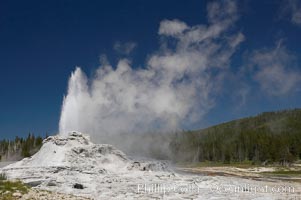 Castle Geyser erupts, reaching 60 to 90 feet in height and lasting 20 minutes.  While Castle Geyser has a 12 foot sinter cone that took 5,000 to 15,000 years to form, it is in fact situated atop geyserite terraces that themselves may have taken 200,000 years to form, making it likely the oldest active geyser in the park. Upper Geyser Basin, Yellowstone National Park, Wyoming