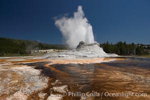 Castle Geyser erupts with the colorful bacteria mats of Tortoise Shell Spring in the foreground.  Castle Geyser reaches 60 to 90 feet in height and lasts 20 minutes.  While Castle Geyser has a 12 foot sinter cone that took 5,000 to 15,000 years to form, it is in fact situated atop geyserite terraces that themselves may have taken 200,000 years to form, making it likely the oldest active geyser in the park. Upper Geyser Basin, Yellowstone National Park, Wyoming