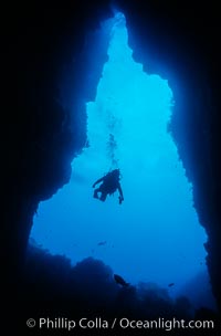 El Secreto del Vicki cavern. Vicki's Secret, a huge underwater cave on the southwest side of Guadalupe Island, few if any other SCUBA divers have seen this cave much less know of its existence.  Shown here is Vicki Beaver one of the first divers ever to explore the cave.