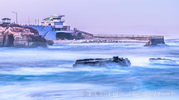 The Children's Pool, also known as Casa Cove, in pre-dawn light, La Jolla. Seal Rock in the foreground.