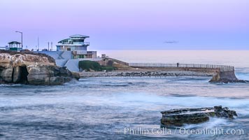 The Children's Pool, also known as Casa Cove, in pre-dawn light, La Jolla. Seal Rock in the foreground