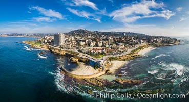 Childrens Pool Reef Exposed at Extreme Low Tide, La Jolla, California. Aerial panoramic photograph.