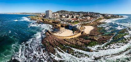 Childrens Pool Reef Exposed at Extreme Low Tide, Casa Cove, La Jolla, California. Aerial panoramic photograph