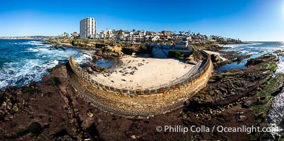 Childrens Pool Reef Exposed at Extreme Low Tide, Casa Cove, La Jolla, California. Aerial panoramic photograph