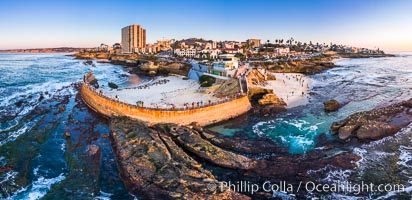 Childrens Pool Reef Exposed at Extreme Low Tide, La Jolla, California. Aerial panoramic photograph