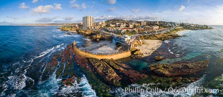 Childrens Pool Reef Exposed at Extreme Low Tide, La Jolla, California. Aerial panoramic photograph