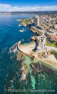 Childrens Pool Reef Exposed at Extreme Low Tide, Aerial View, La Jolla, California. Aerial panoramic photograph
