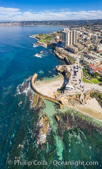 Childrens Pool Reef Exposed at Extreme Low Tide, Aerial View, La Jolla, California. Aerial panoramic photograph.