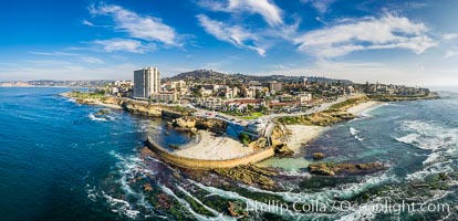 Childrens Pool Reef Exposed at Extreme Low Tide, La Jolla, California. Aerial panoramic photograph