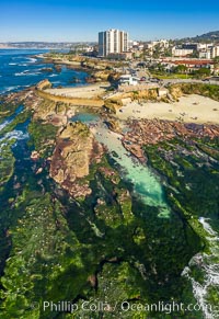 Childrens Pool Reef Exposed at Extreme Low King Tide, La Jolla, California. Aerial panoramic photograph.