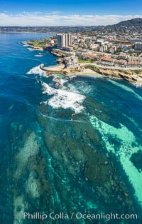 Childrens Pool Reef Exposed at Extreme Low King Tide, La Jolla, California. Aerial panoramic photograph.