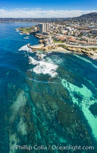 Childrens Pool Reef Exposed at Extreme Low King Tide, La Jolla, California. Aerial panoramic photograph