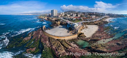 Childrens Pool Reef Exposed at Extreme Low King Tide, La Jolla, California. Aerial panoramic photograph, Children's Pool