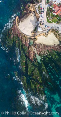 Childrens Pool Reef Exposed at Extreme Low King Tide, La Jolla, California. Aerial panoramic photograph.