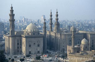 Sultan Hassan Mosque (l) and Mosque of ar-Rifai (r), viewed from the Citadel, Cairo, Egypt