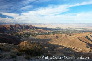 The city of Palm Desert spreads along the floor of the Coachella Valley, seen from a vantage points high above on State Route 74