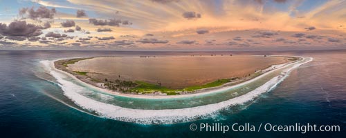 Sunset at Clipperton Island, aerial panoramic photo showing the entire atoll.  Clipperton Island, a minor territory of France also known as Ile de la Passion, is a small (2.3 sq mi) but  spectacular coral atoll in the eastern Pacific. By permit HC / 1485 / CAB (France)