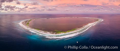 Sunset at Clipperton Island, aerial panoramic photo showing the entire atoll.  Clipperton Island, a minor territory of France also known as Ile de la Passion, is a small (2.3 sq mi) but  spectacular coral atoll in the eastern Pacific. By permit HC / 1485 / CAB (France)
