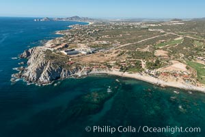 Punta Ballena, Faro Cabesa Ballena (foreground), Medano Beach and Land's End (distance). Residential and resort development along the coast near Cabo San Lucas, Mexico