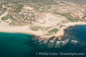 Underwater reef system along the coastline, sand beaches and residential and resort development along the coast near Cabo San Lucas, Mexico