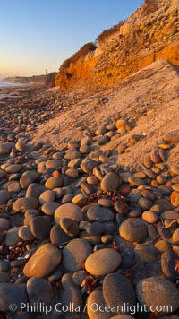 Cobblestones fall to the sand beach from the sandstone cliffs in which they are embedded.