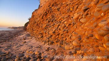 Cobblestones fall to the sand beach from the sandstone cliffs in which they are embedded, Carlsbad, California