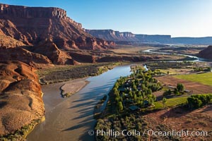 Colorado River and Sorrel River Ranch, Moab, Utah.  The Dome Plateau rises over the river on the left