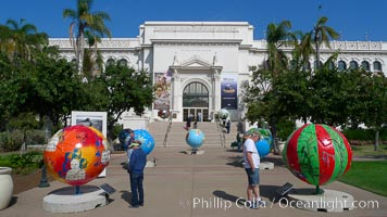 Cool Globes San Diego, an exhibit outside of the Natural History Museum at Balboa Park, San Diego.  Cool Globes is an educational exhibit that features 40 sculpted globes, each custom-designed by artists to showcase solutions to reduce global warming