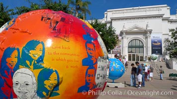 Cool Globes San Diego, an exhibit outside of the Natural History Museum at Balboa Park, San Diego.  Cool Globes is an educational exhibit that features 40 sculpted globes, each custom-designed by artists to showcase solutions to reduce global warming