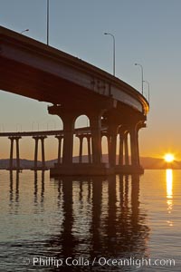 Coronado Bridge, linking San Diego to Coronado, sunrise, viewed from Coronado Island. San Diego Coronado Bridge, known locally as the Coronado Bridge, links San Diego with Coronado, California. The bridge was completed in 1969 and was a toll bridge until 2002. It is 2.1 miles long and reaches a height of 200 feet above San Diego Bay