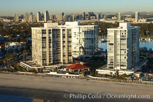 Coronado Shores, a group of 10 condominium buildings south of the Hotel Del, on the water on Coronado Island, San Diego, California