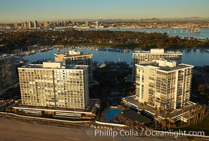 Coronado Shores, a group of 10 condominium buildings south of the Hotel Del, on the water on Coronado Island, San Diego, California