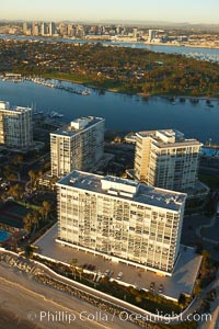 Coronado Shores, a group of 10 condominium buildings south of the Hotel Del, on the water on Coronado Island, San Diego, California