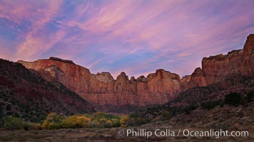 West Temple, The Sundial and the Altar of Sacrifice lit by soft alpenglow, about 20 minutes before sunrise, Zion National Park, Utah