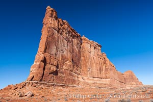 Courthouse Towers, narrow sandstone fins towering above the surrounding flatlands, Arches National Park, Utah