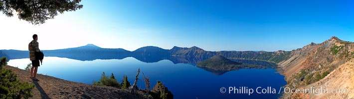 Self portrait at sunrise, panorama of Crater Lake, Crater Lake National Park, Oregon.