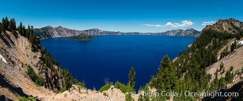 Crater Lake panoramic photograph.  Panorama picture of Crater Lake National Park