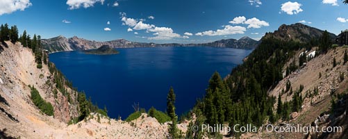 Crater Lake panoramic photograph.  Panorama picture of Crater Lake National Park