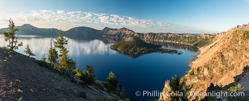 Crater Lake panoramic photograph.  Panorama picture of Crater Lake National Park