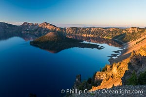 Crater Lake and Wizard Island at sunrise, Crater Lake National Park, Oregon