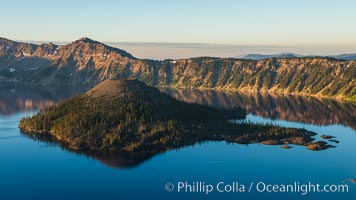 Crater Lake and Wizard Island at sunrise.