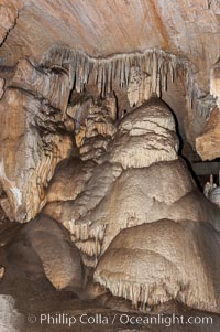 Many stalactites hang from the ceiling -- and a huge stalagmite has grown up from the floor -- of the Dome Room. The formation was named for its resemblence to the Capital Dome in Washington D.C, Crystal Cave, Sequoia Kings Canyon National Park, California