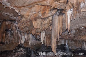 Many stalactites hang from the ceiling of the Marbled Room, Crystal Cave, Sequoia Kings Canyon National Park, California