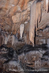 Many stalactites hang from the ceiling of the Marbled Room, Crystal Cave, Sequoia Kings Canyon National Park, California